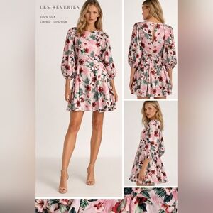 Nwt LES RÊVERIES Floral Silk Mini Dress Blouson Puff Sleeves Hibiscus Palms